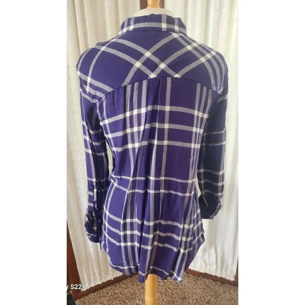 U15 Staccato Purple & White plaid button-up Shirt-Roll Tab Sleeves Chest Pocket